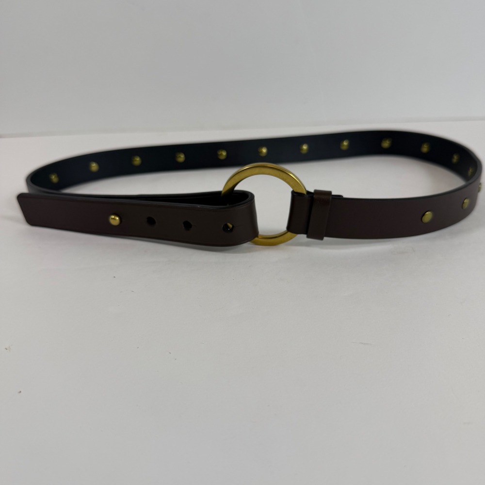 CAbi Leather Studded O-Ring Belt Brown‎ Brass Tone S/M Boho Minimalist